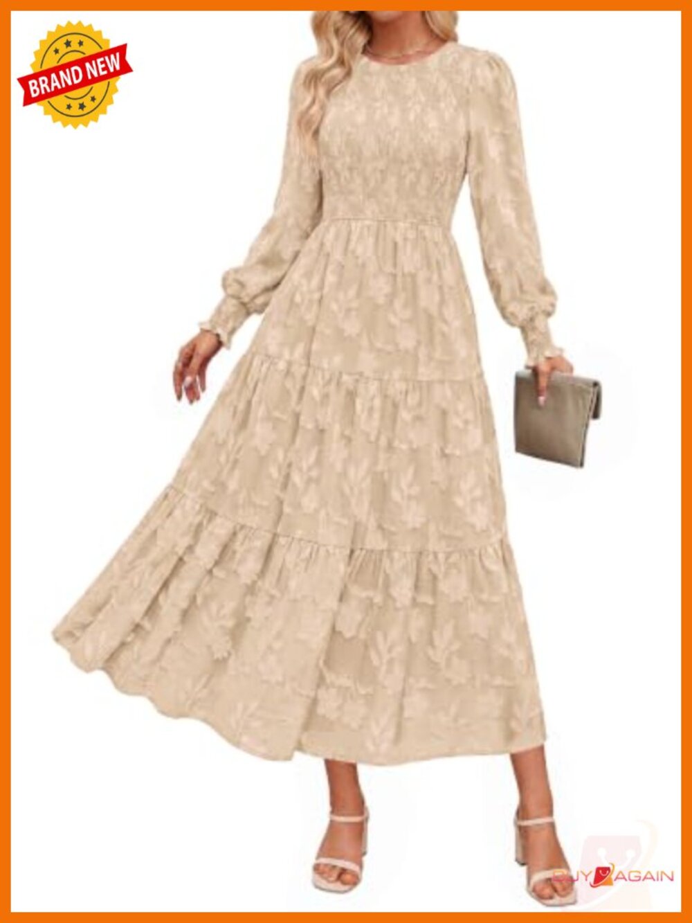 Floral Jacquard Midi Dress with Pockets Long Sleeve Semi Formal
